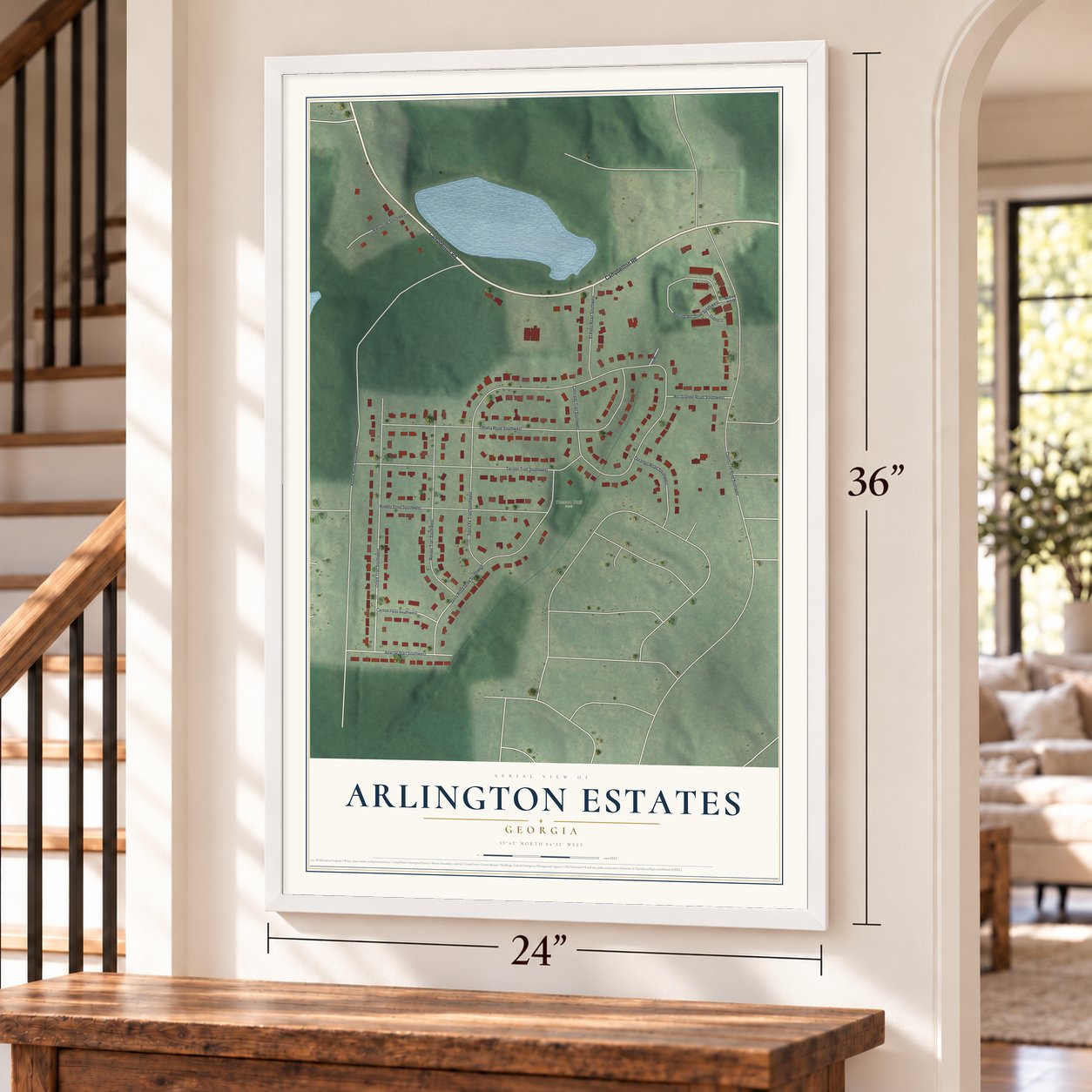 Arlington Estates, Georgia map, 24 x 36 inch print in a white frame by a staircase