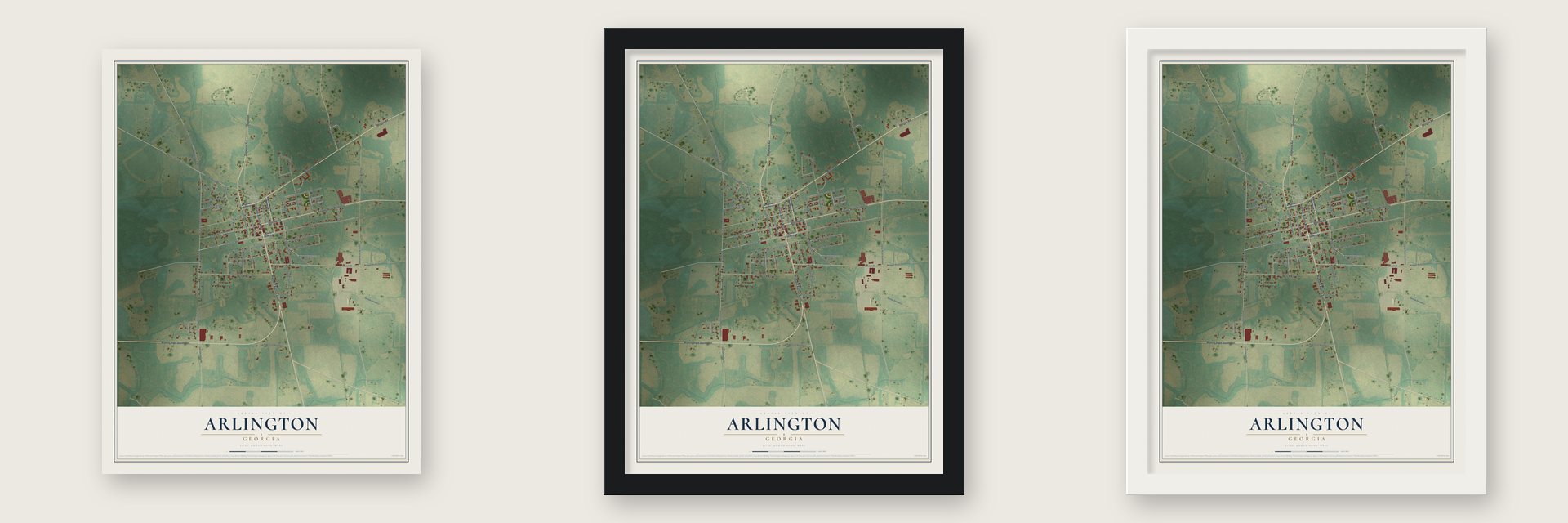 Arlington, Georgia map unframed, in a black wood frame and in a white wood frame