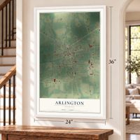 Arlington, Georgia map, 24 x 36 inch print in a white frame by a staircase