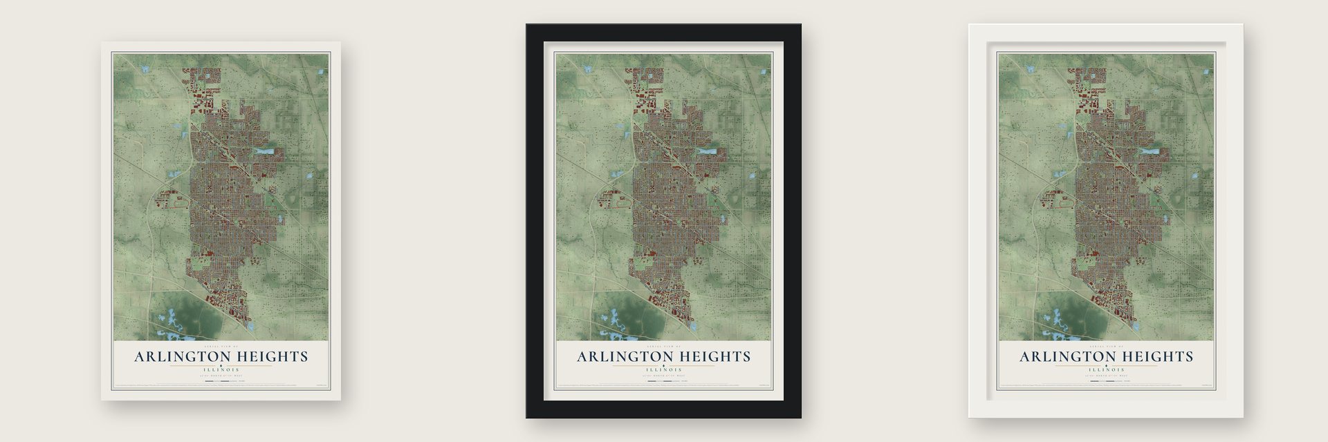 Arlington Heights, Illinois map unframed, in a black wood frame and in a white wood frame