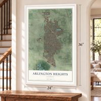 Arlington Heights, Illinois map, 24 x 36 inch print in a white frame by a staircase
