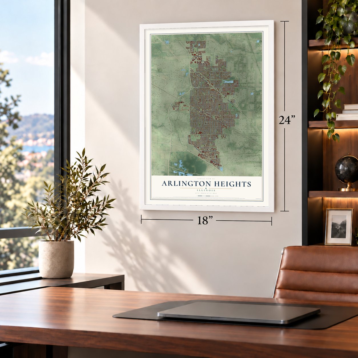 Arlington Heights, Illinois map, 18 x 24 inch print in a white frame in a home office