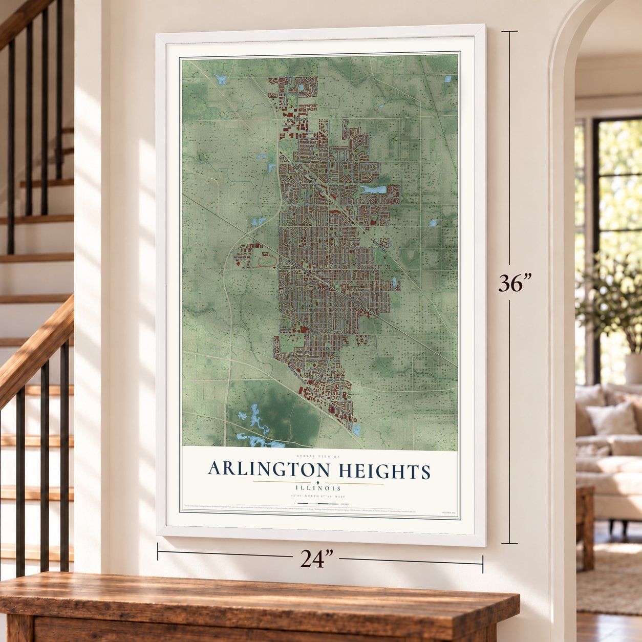 Arlington Heights, Illinois map, 24 x 36 inch print in a white frame by a staircase