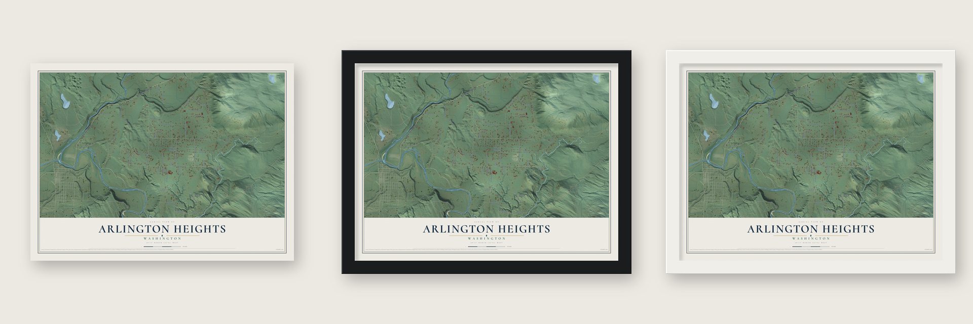 Arlington Heights, Washington map unframed, in a black wood frame and in a white wood frame