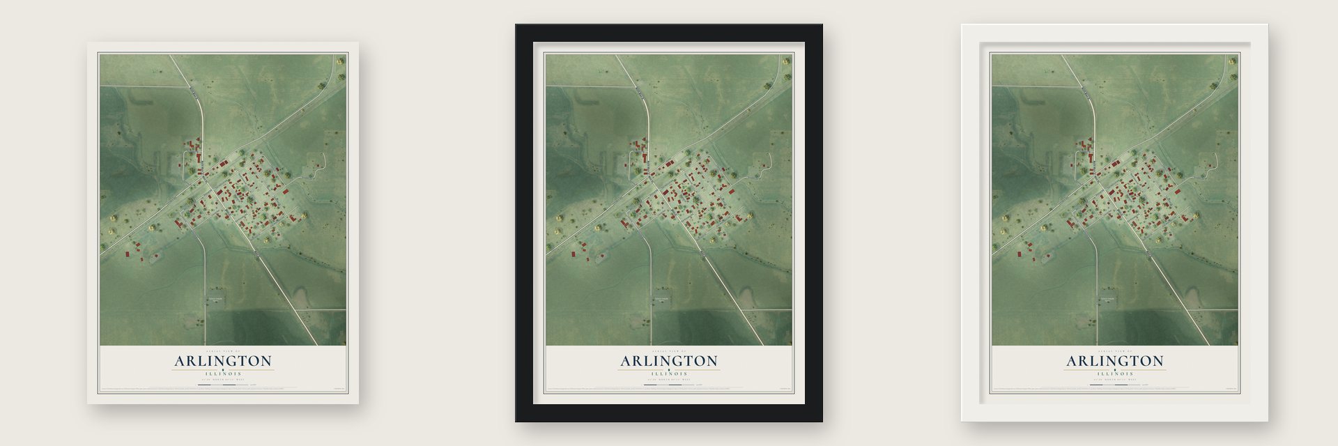 Arlington, Illinois map unframed, in a black wood frame and in a white wood frame