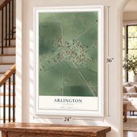 Arlington, Illinois map, 24 x 36 inch print in a white frame by a staircase