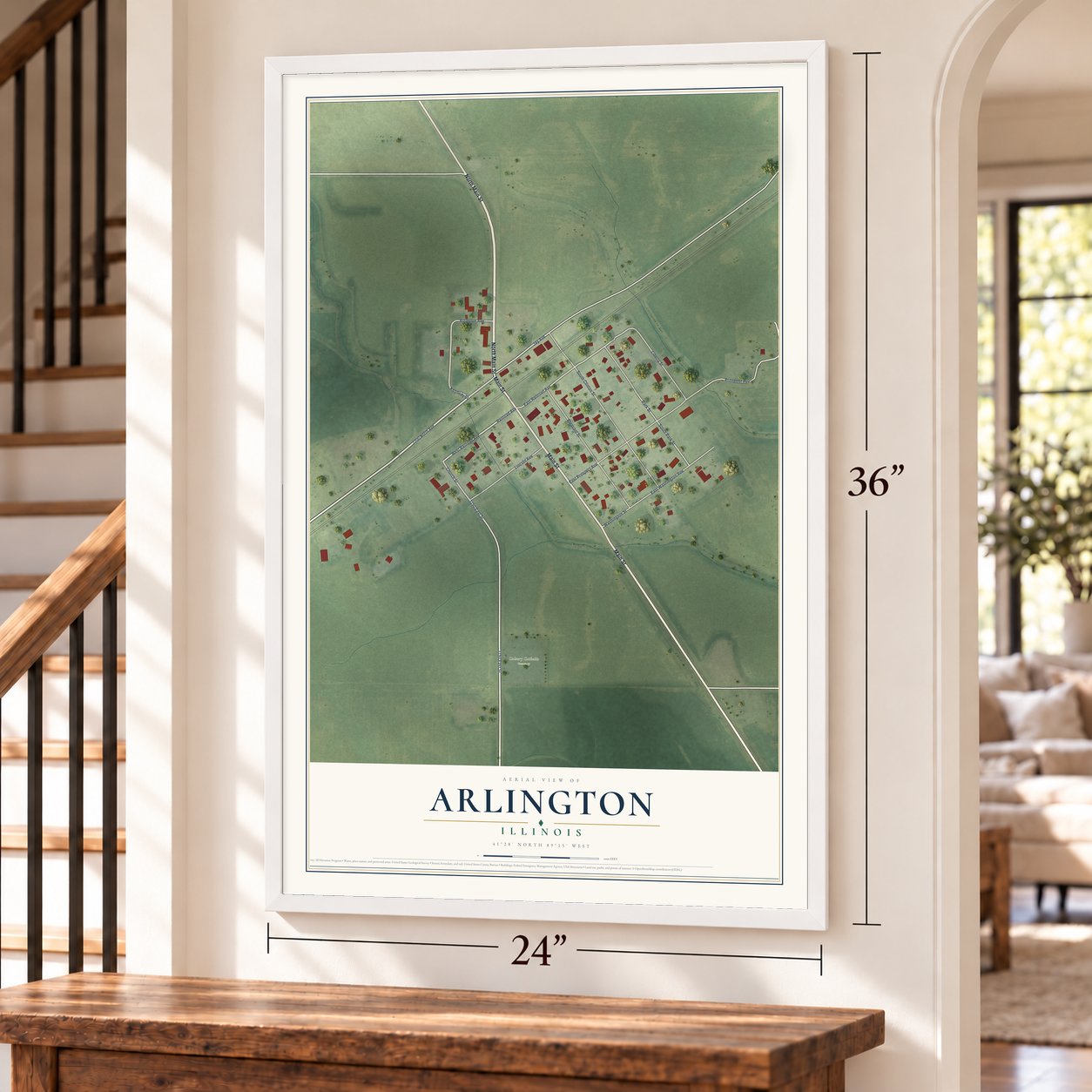 Arlington, Illinois map, 24 x 36 inch print in a white frame by a staircase