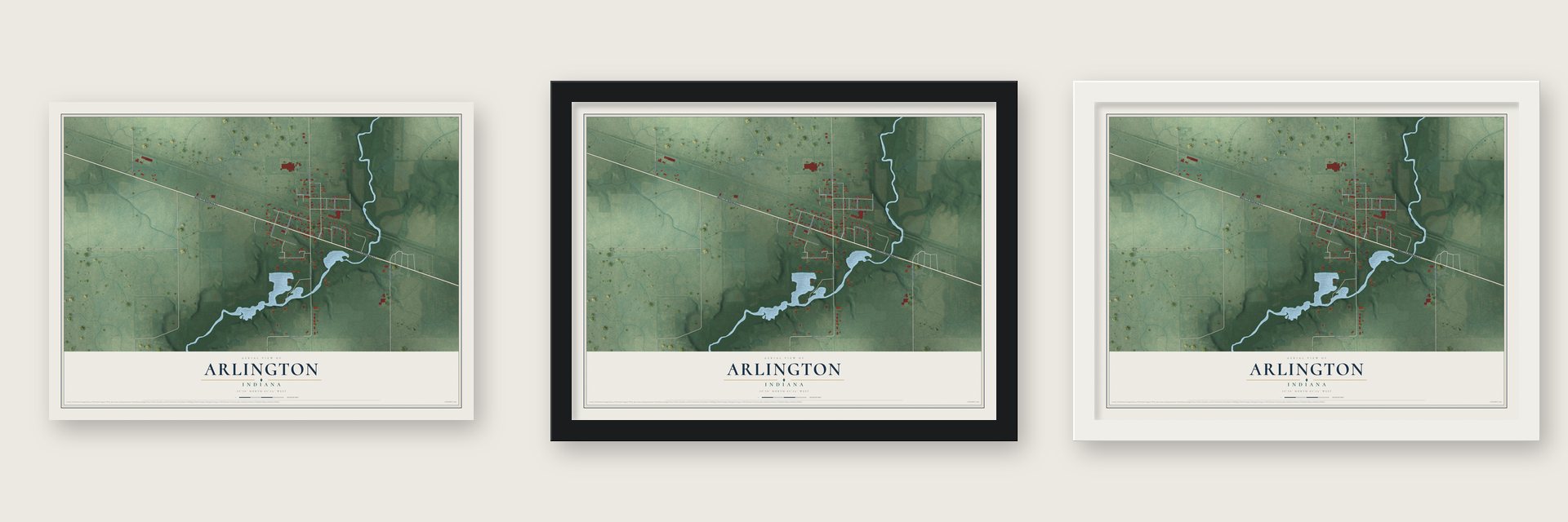 Arlington, Indiana map unframed, in a black wood frame and in a white wood frame