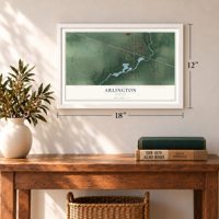 Arlington, Indiana map, 12 x 18 inch print in a white frame in an entryway