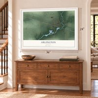 Arlington, Indiana map, 24 x 36 inch print in a white frame above a dresser by a staircase