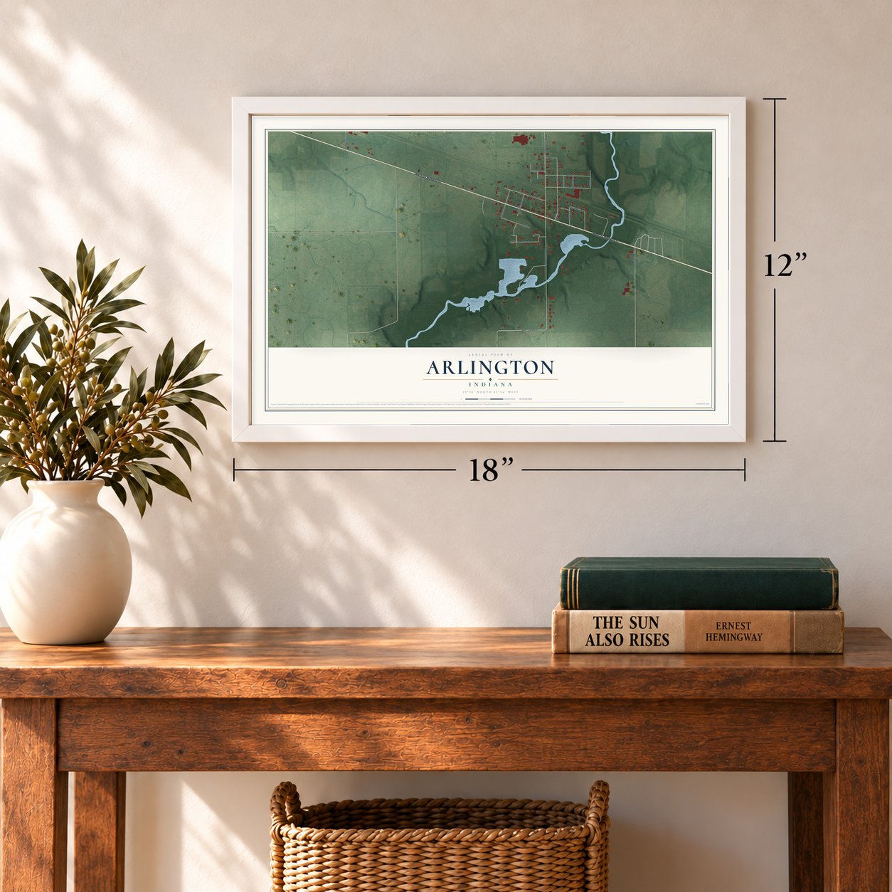 Arlington, Indiana map, 12 x 18 inch print in a white frame in an entryway