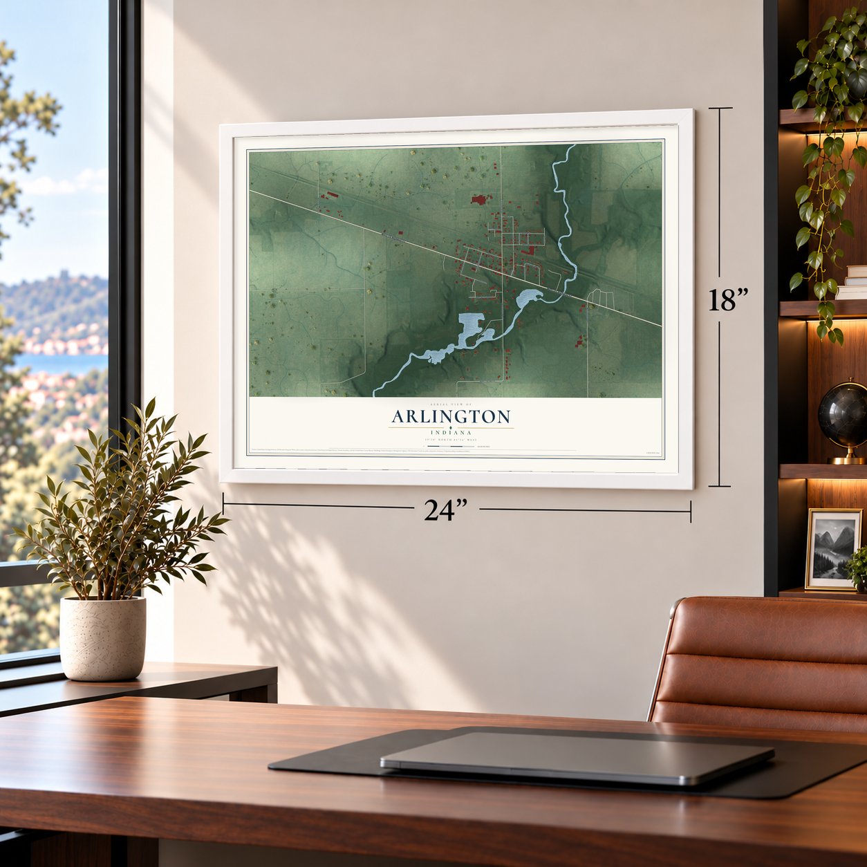 Arlington, Indiana map, 18 x 24 inch print in a white frame in a home office