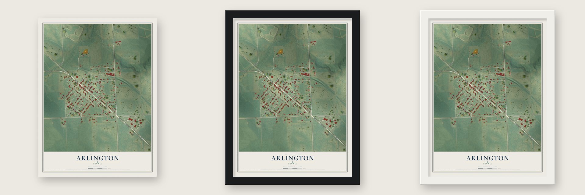 Arlington, Iowa map unframed, in a black wood frame and in a white wood frame