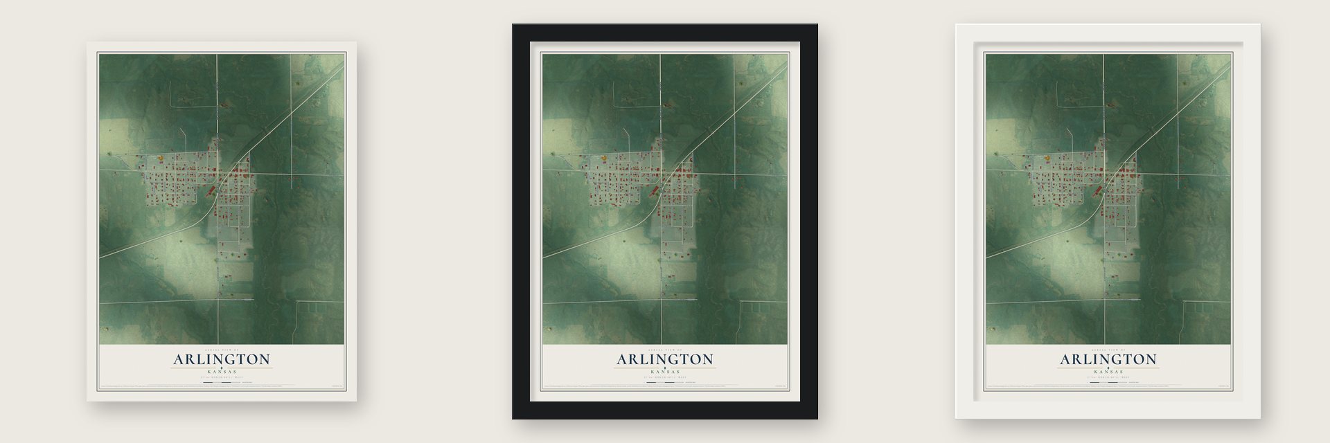 Arlington, Kansas map unframed, in a black wood frame and in a white wood frame