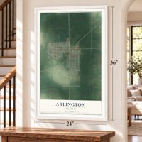 Arlington, Kansas map, 24 x 36 inch print in a white frame by a staircase