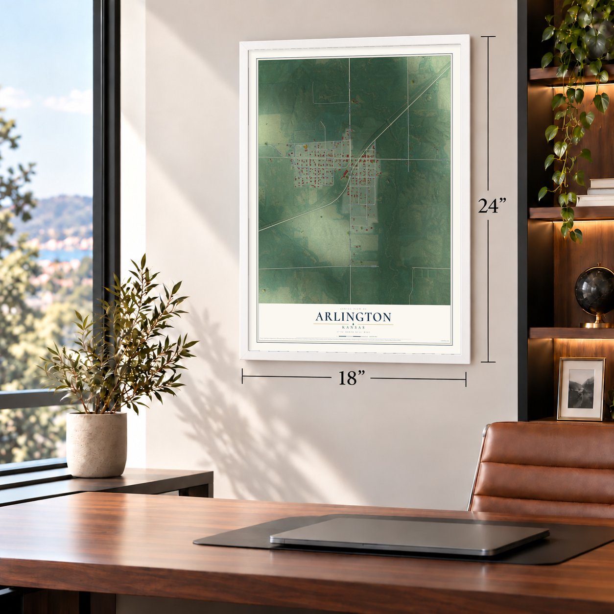 Arlington, Kansas map, 18 x 24 inch print in a white frame in a home office