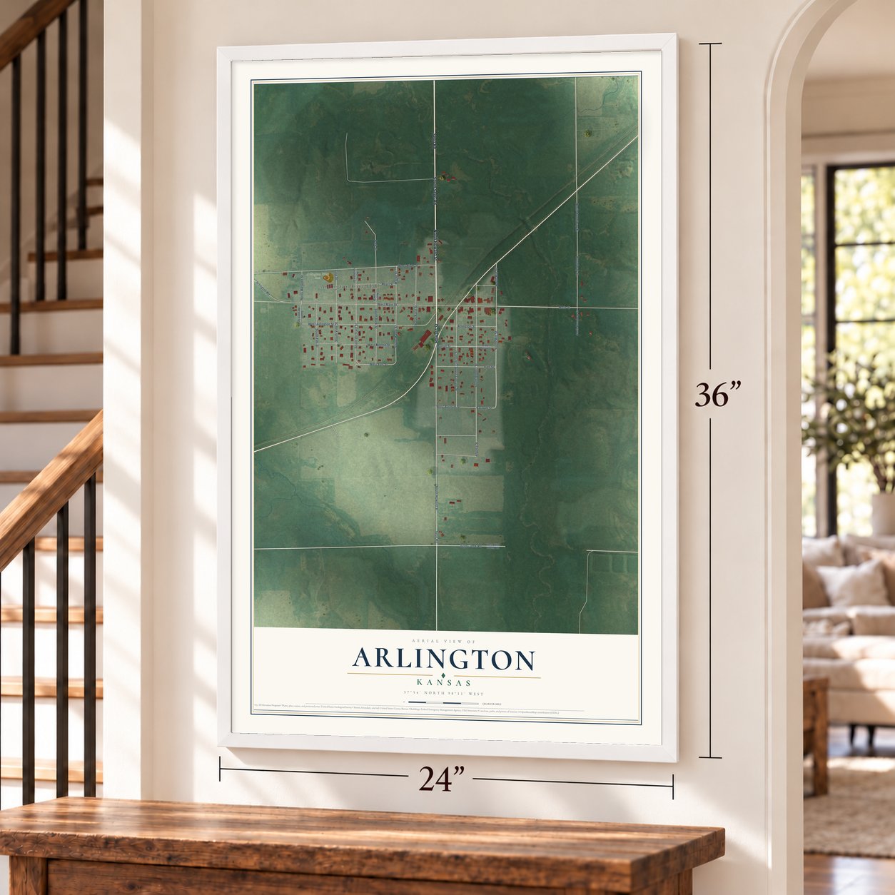 Arlington, Kansas map, 24 x 36 inch print in a white frame by a staircase
