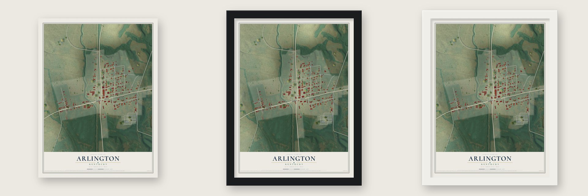 Arlington, Kentucky map unframed, in a black wood frame and in a white wood frame