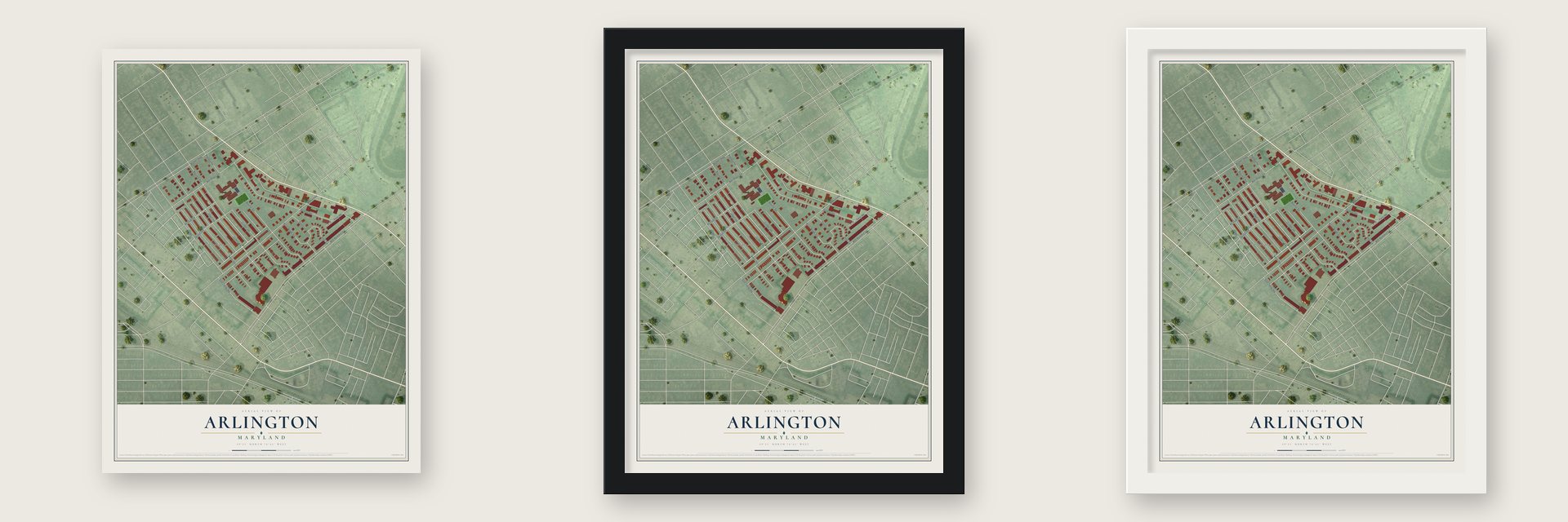 Arlington, Maryland map unframed, in a black wood frame and in a white wood frame