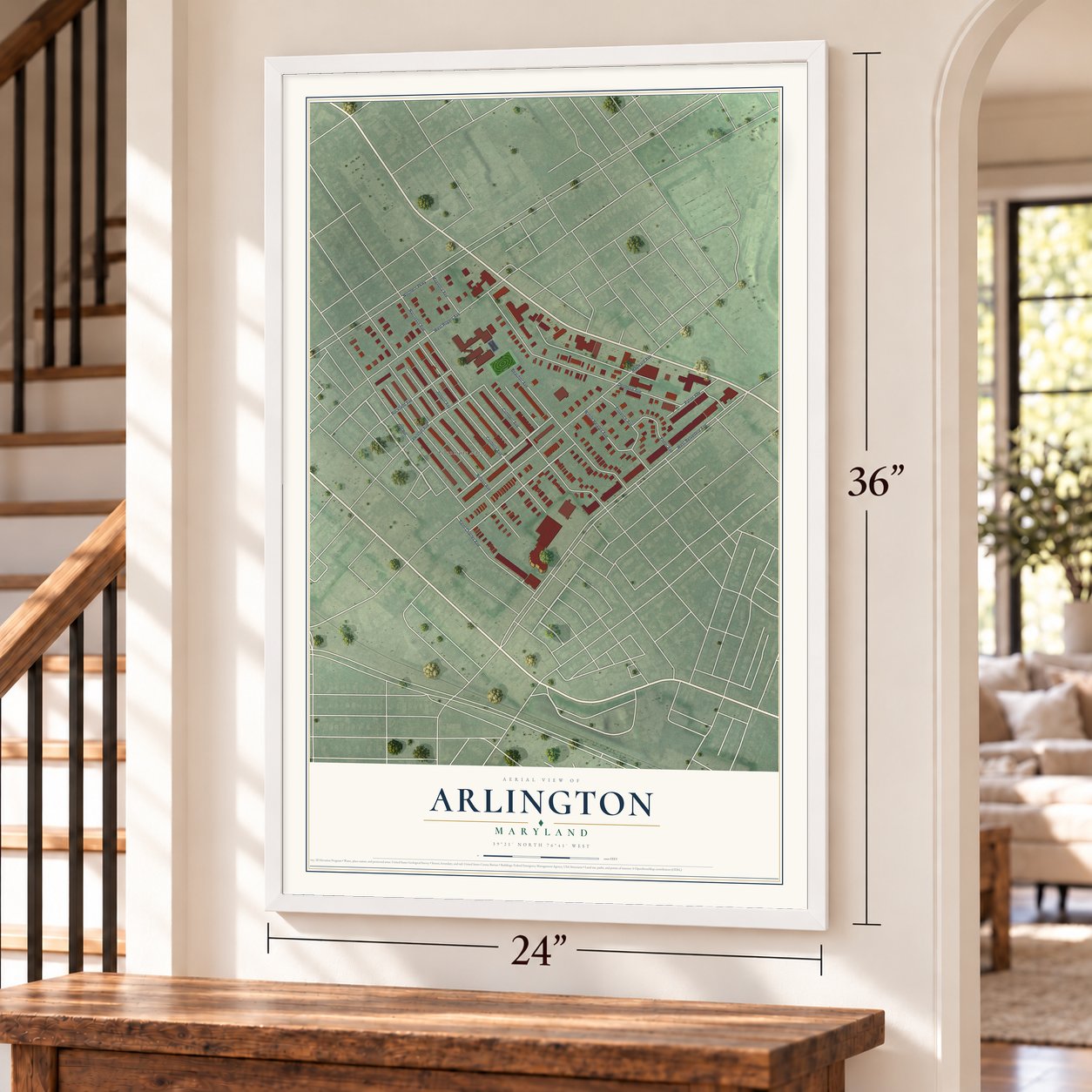 Arlington, Maryland map, 24 x 36 inch print in a white frame by a staircase