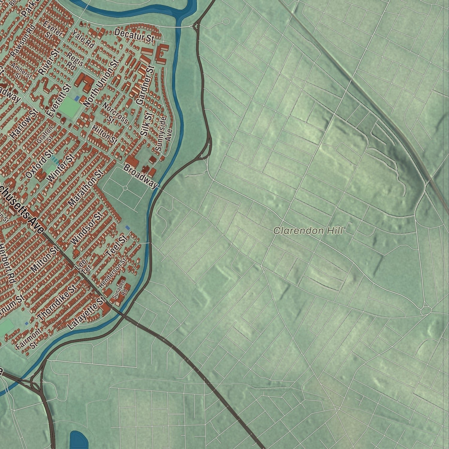 Close-up of the map of Arlington, Massachusetts print showing terrain and local geography