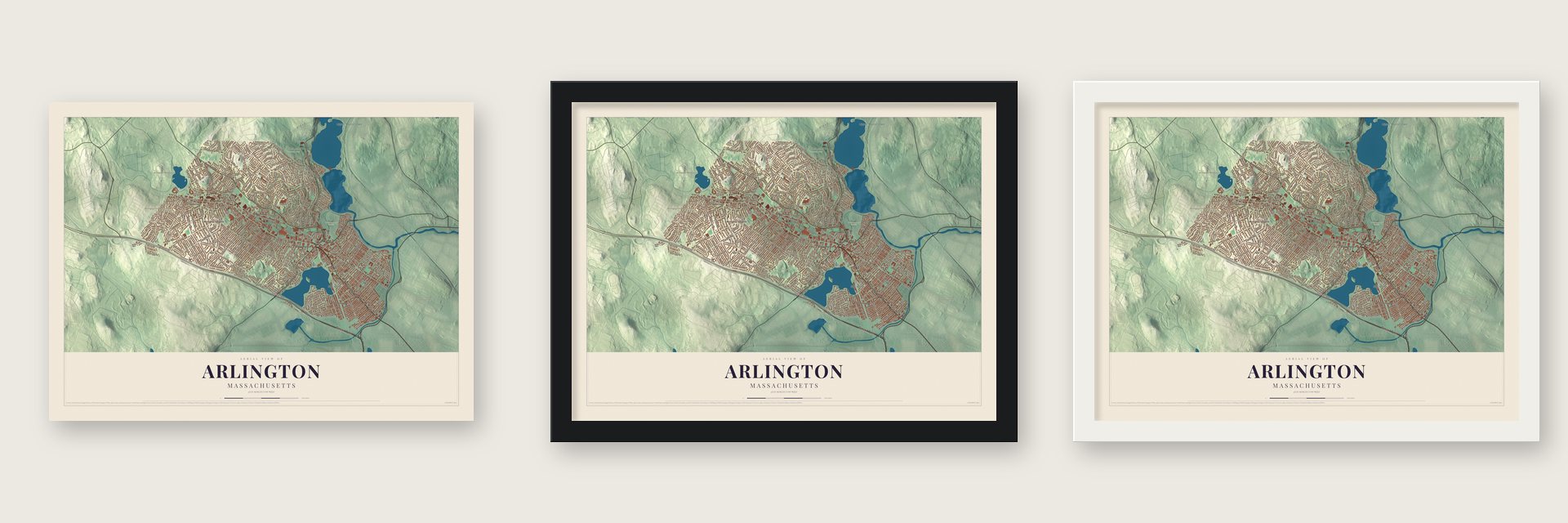 Arlington, Massachusetts map unframed, in a black wood frame and in a white wood frame