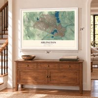 Arlington, Massachusetts map, 24 x 36 inch print in a white frame above a dresser by a staircase