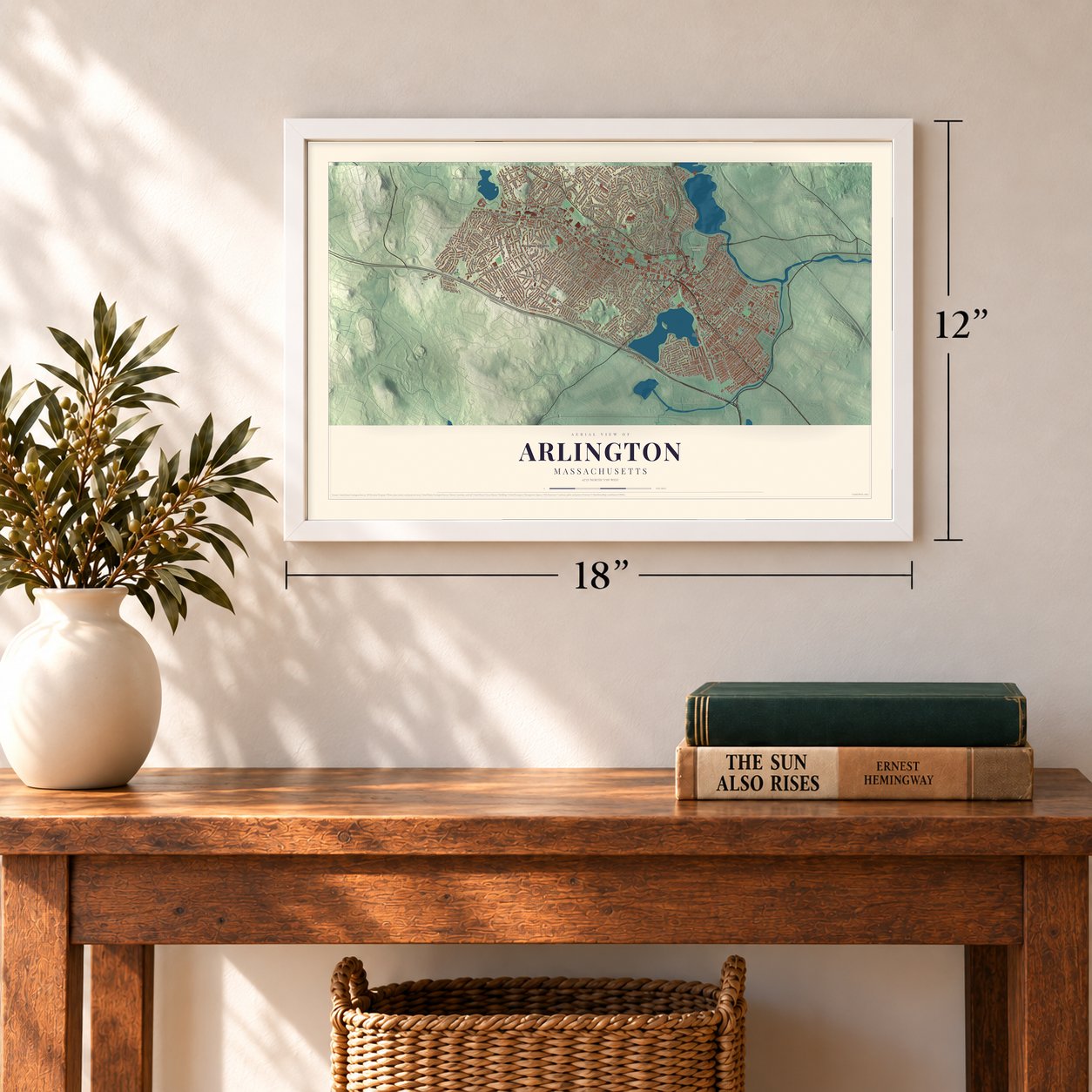Arlington, Massachusetts map, 12 x 18 inch print in a white frame in an entryway