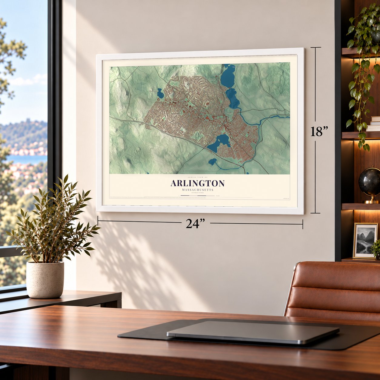 Arlington, Massachusetts map, 18 x 24 inch print in a white frame in a home office