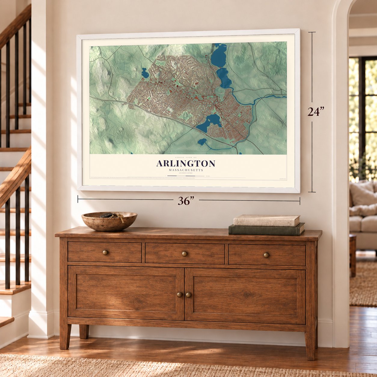 Arlington, Massachusetts map, 24 x 36 inch print in a white frame above a dresser by a staircase