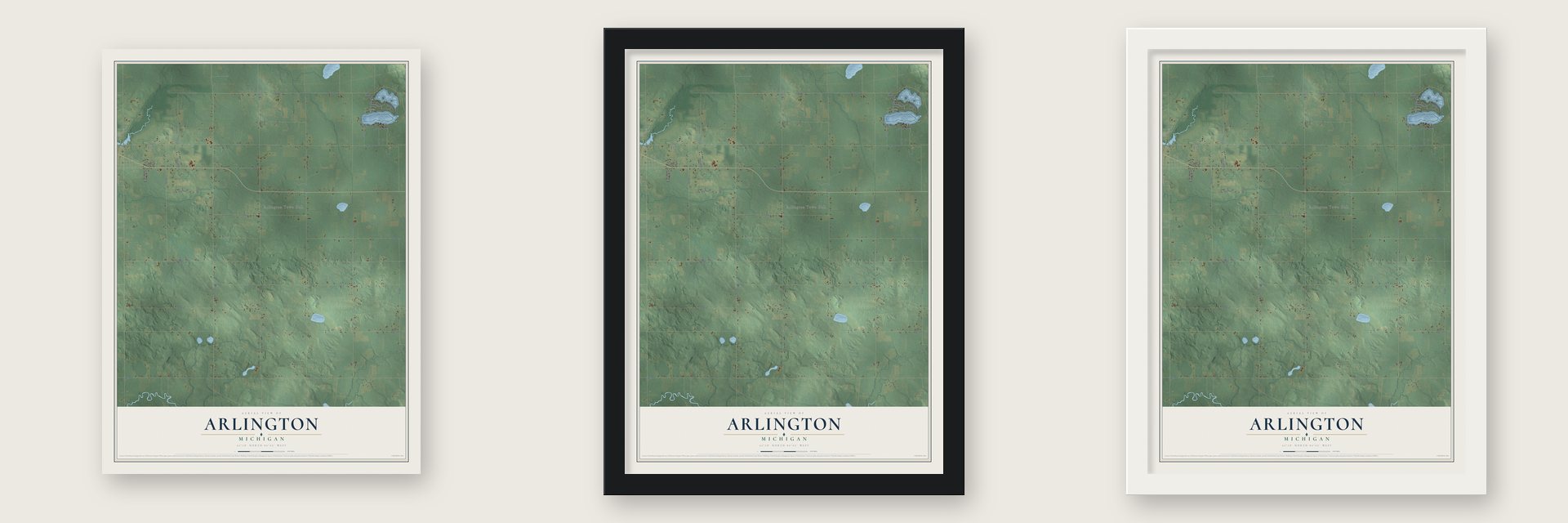 Arlington, Michigan map unframed, in a black wood frame and in a white wood frame