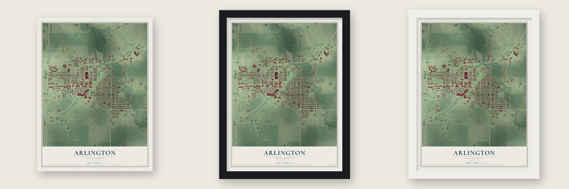 Arlington, Minnesota map unframed, in a black wood frame and in a white wood frame