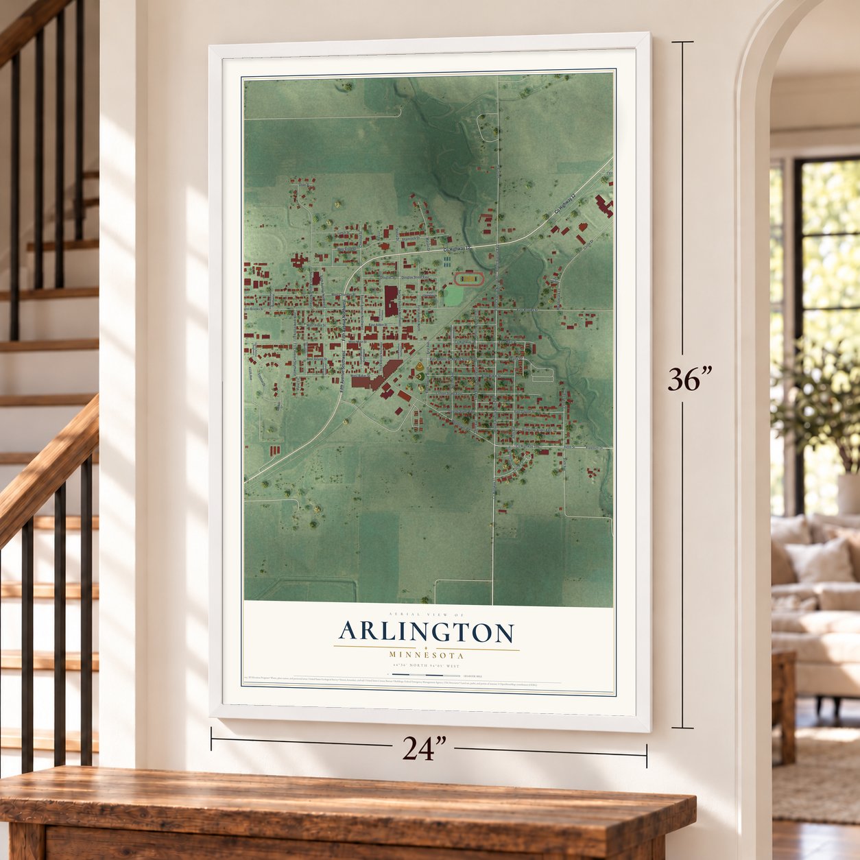 Arlington, Minnesota map, 24 x 36 inch print in a white frame by a staircase