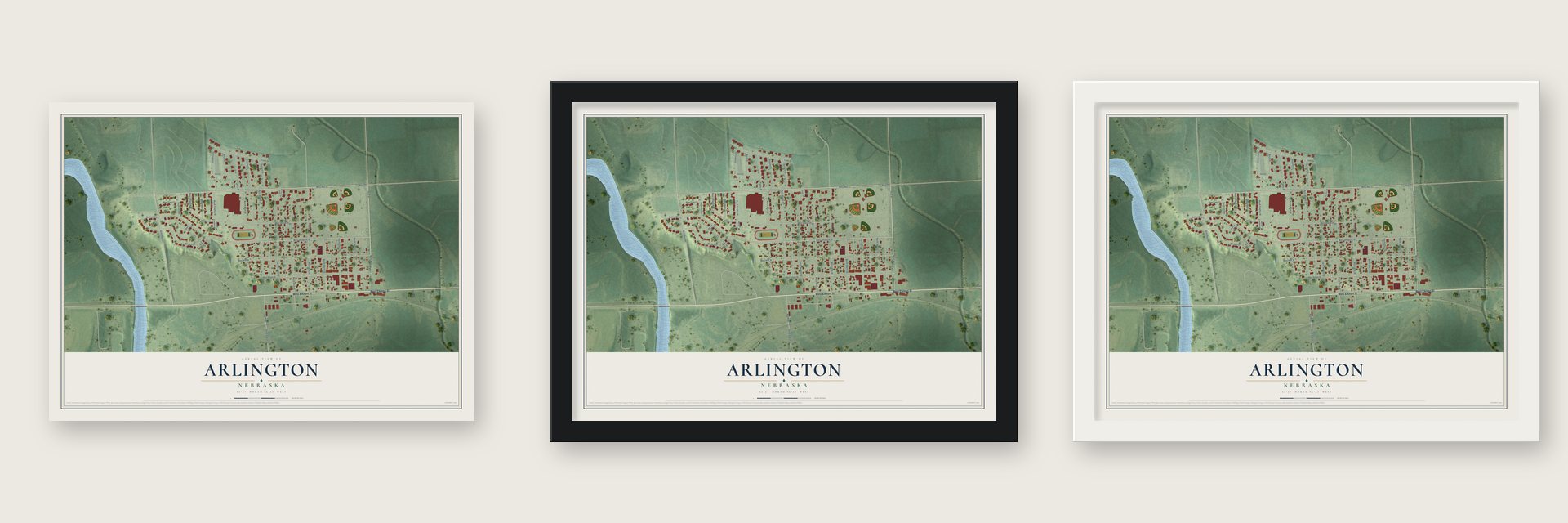 Arlington, Nebraska map unframed, in a black wood frame and in a white wood frame
