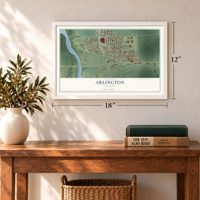 Arlington, Nebraska map, 12 x 18 inch print in a white frame in an entryway