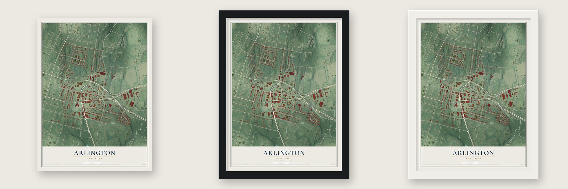 Arlington, New York map unframed, in a black wood frame and in a white wood frame