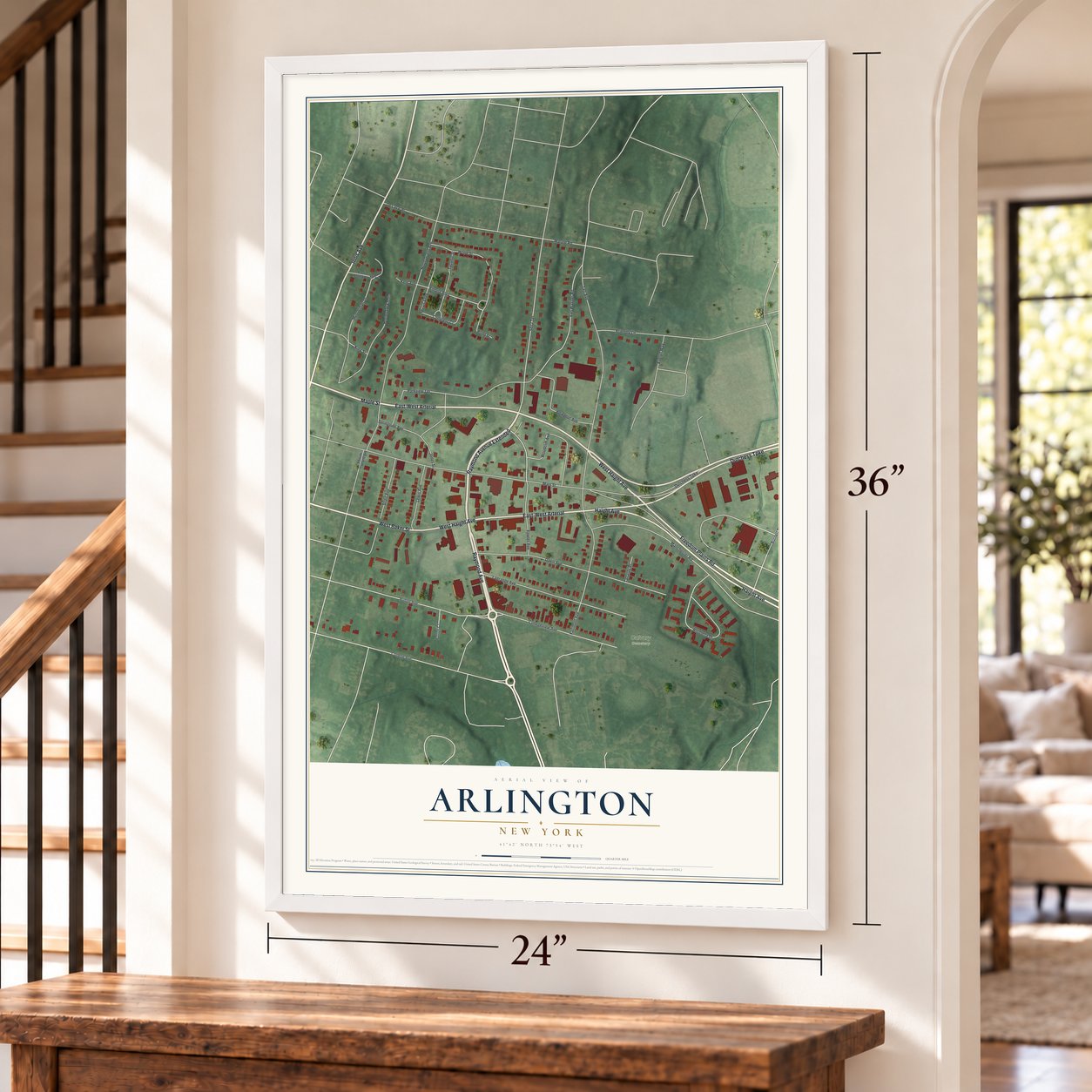 Arlington, New York map, 24 x 36 inch print in a white frame by a staircase
