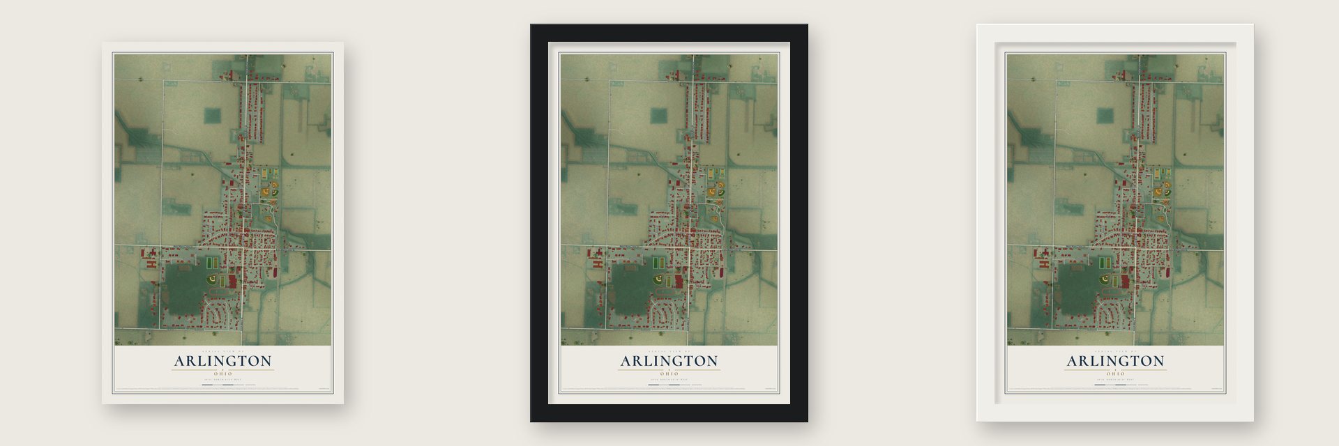 Arlington, Ohio map unframed, in a black wood frame and in a white wood frame