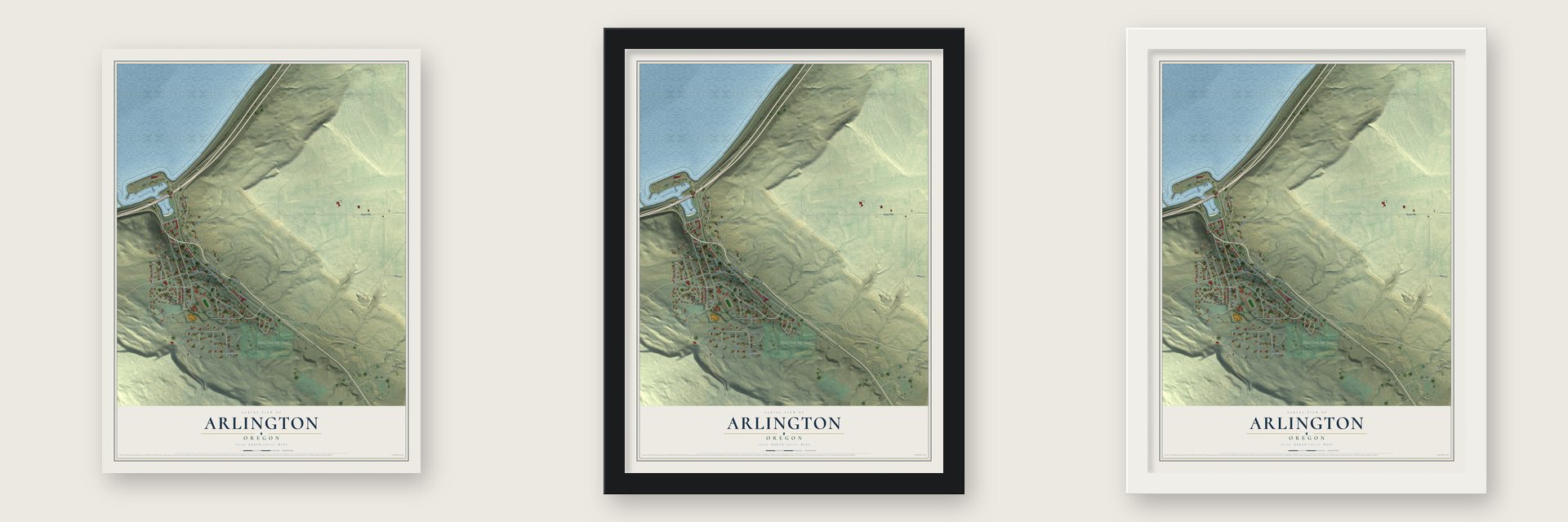 Arlington, Oregon map unframed, in a black wood frame and in a white wood frame