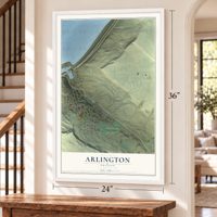 Arlington, Oregon map, 24 x 36 inch print in a white frame by a staircase