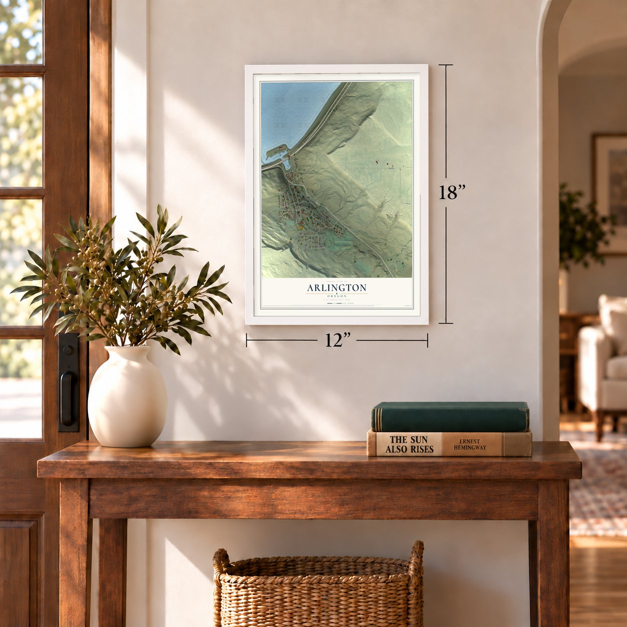 Arlington, Oregon map, 12 x 18 inch print in a white frame in an entryway