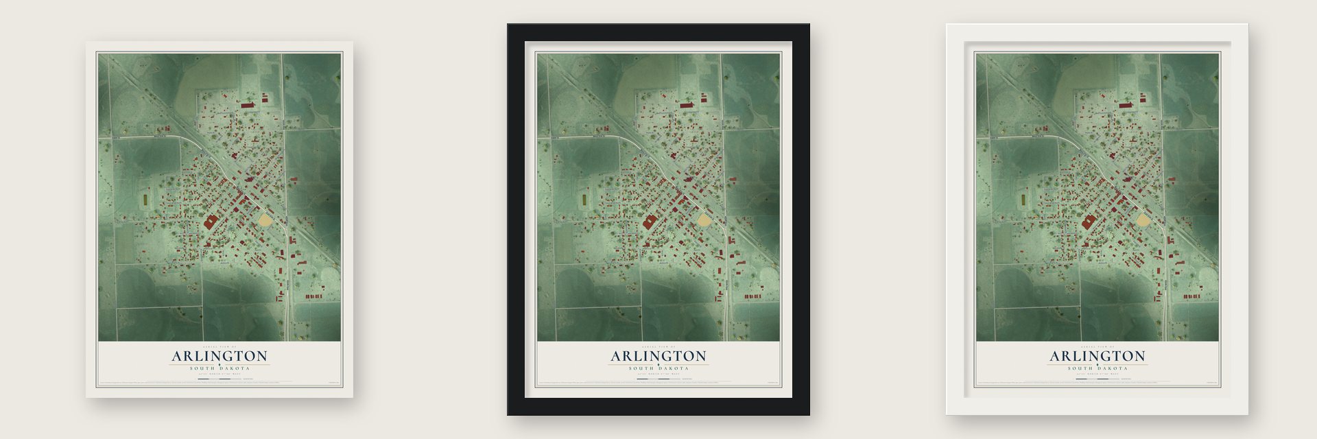 Arlington, South Dakota map unframed, in a black wood frame and in a white wood frame