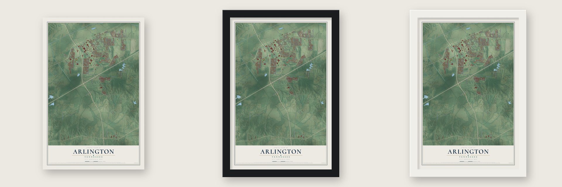 Arlington, Tennessee map unframed, in a black wood frame and in a white wood frame
