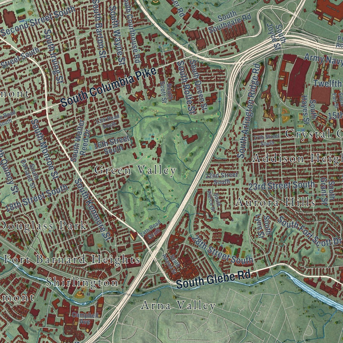 Second close-up of the map of Arlington, Virginia print showing more streets and buildings