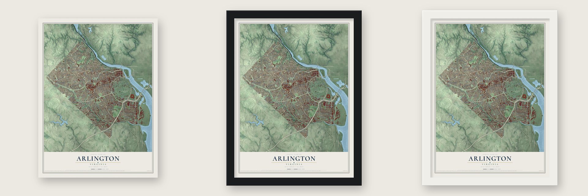 Arlington, Virginia map unframed, in a black wood frame and in a white wood frame