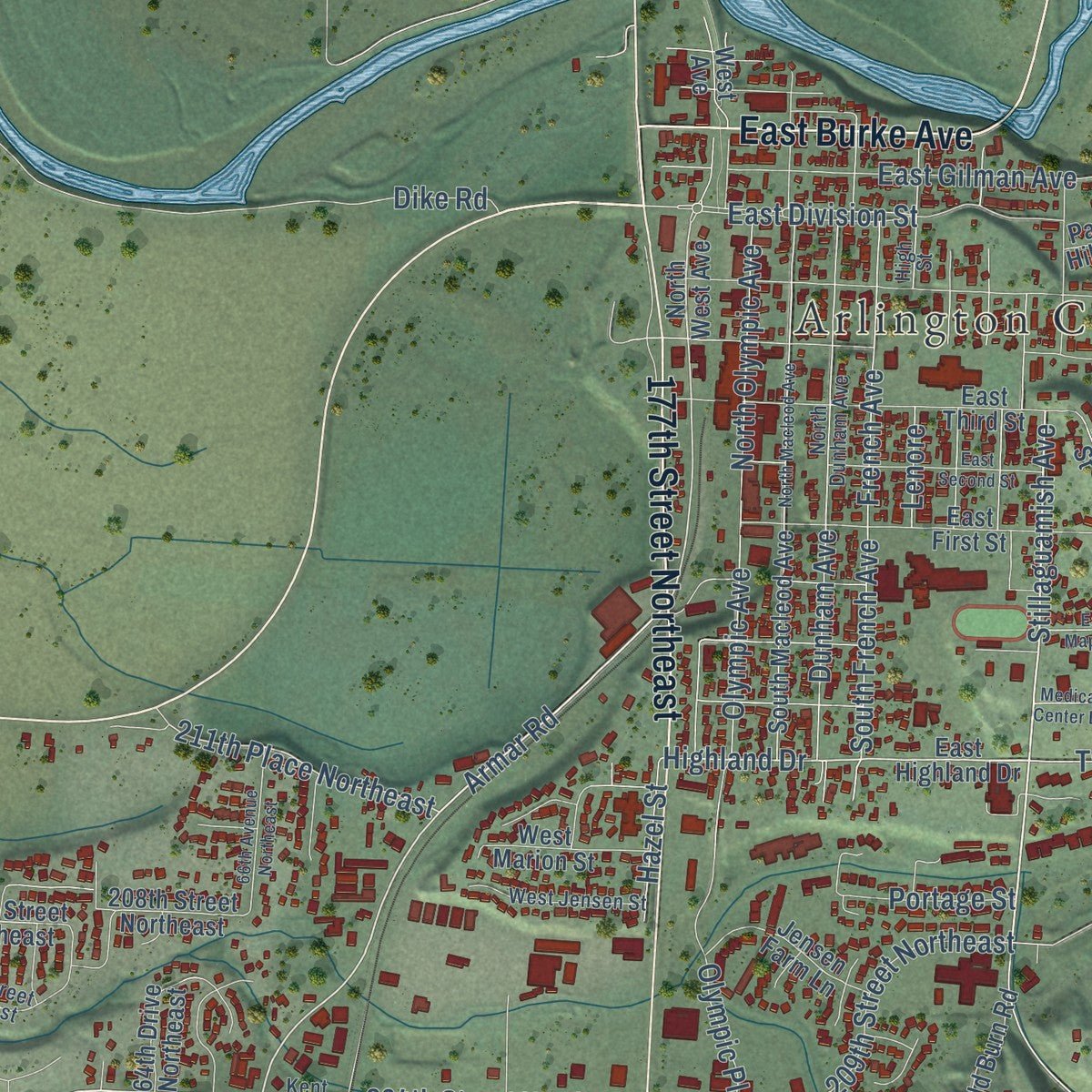 Second close-up of the map of Arlington, Washington print showing more streets and buildings
