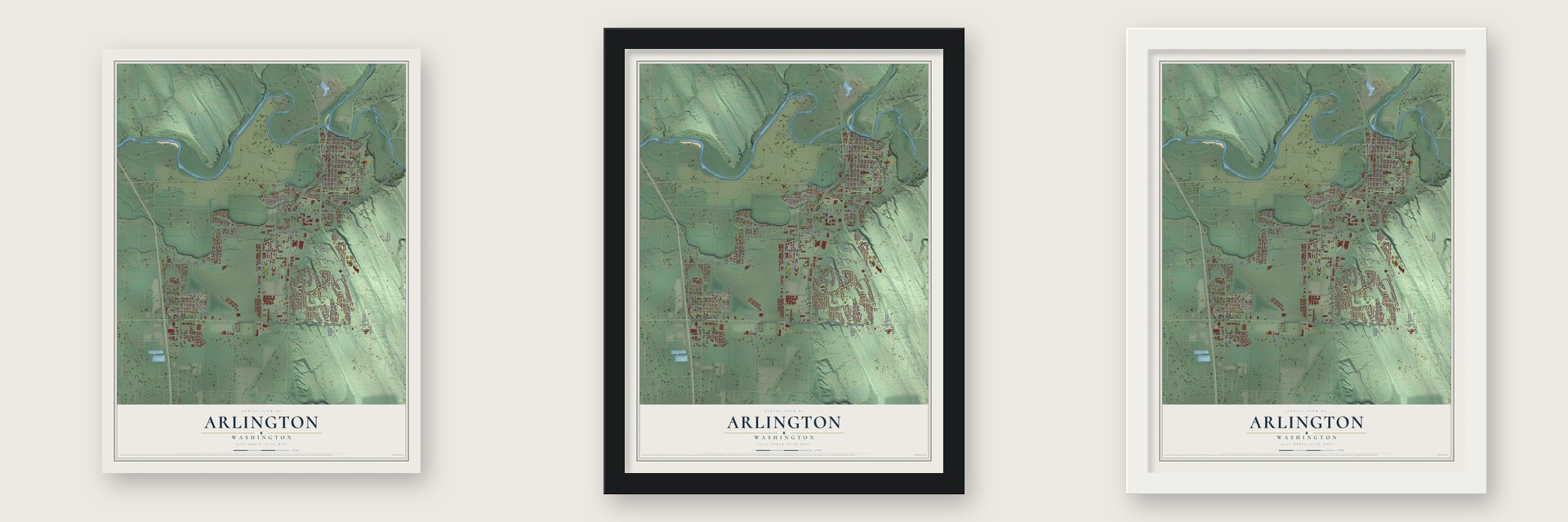 Arlington, Washington map unframed, in a black wood frame and in a white wood frame