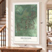 Arlington, Washington map, 24 x 36 inch print in a white frame by a staircase