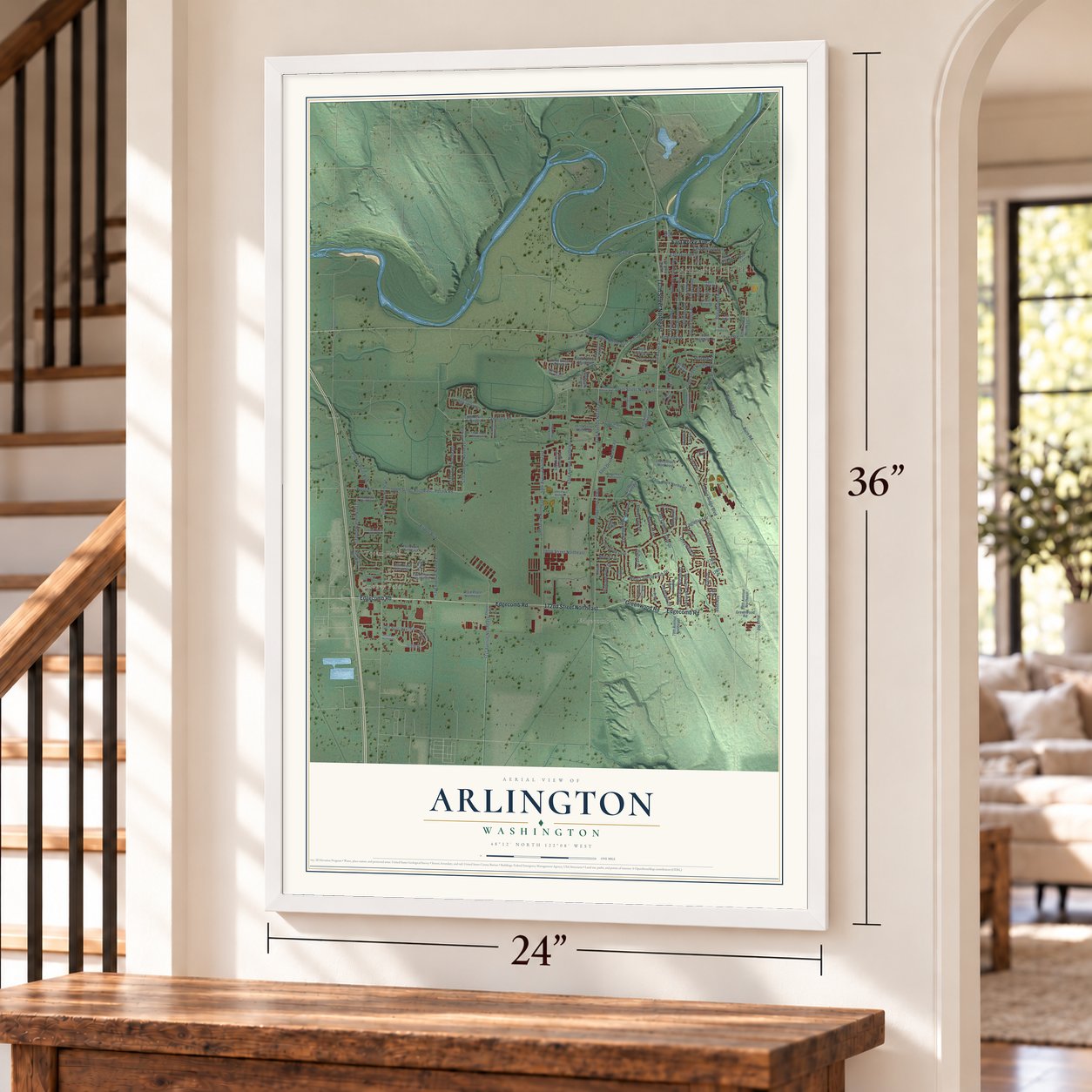 Arlington, Washington map, 24 x 36 inch print in a white frame by a staircase
