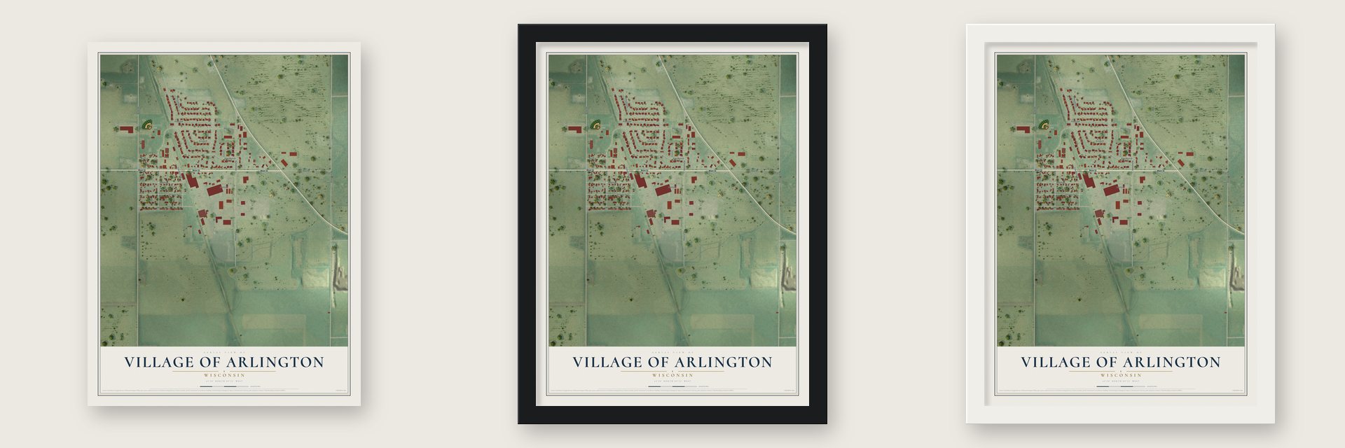 Arlington, Wisconsin map unframed, in a black wood frame and in a white wood frame